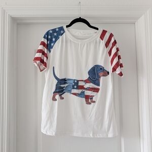 Patriotic Dachshund Graphic Tee - White with Red & Blue